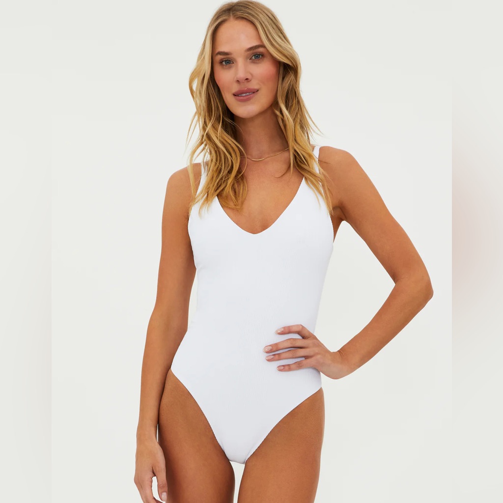 Beach Riot White Ribbed Vneck One Piece Swimsuit